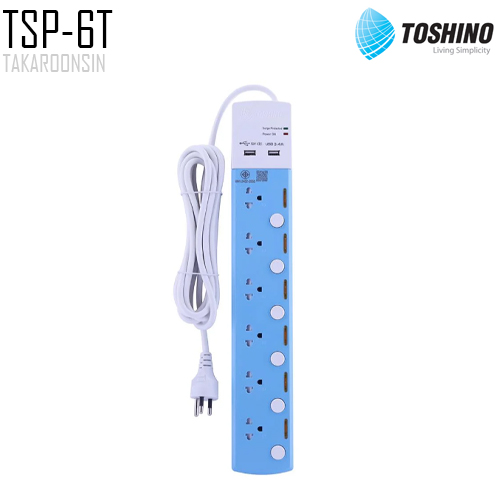 รางปลั๊กไฟ Toshino 6 ช่อง 6 สวิตช์ USB 2 ช่อง รุ่น TSP-6T