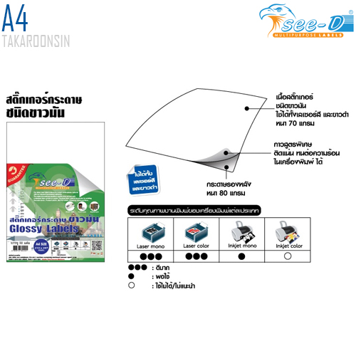 สติ๊กเกอร์กระดาษชนิดขาวมัน SEE-D ขนาดA4 