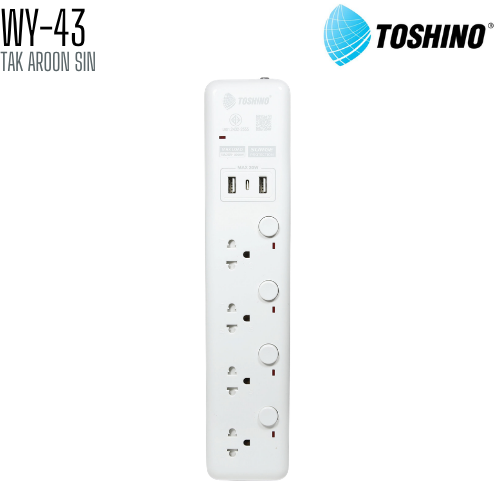 รางปลั๊กไฟ TOSHINO WY-43 4 ช่อง + 2 USB + 1 TYPE C สายยาว 3 เมตร