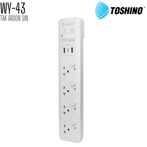 รางปลั๊กไฟ TOSHINO WY-43 4 ช่อง + 2 USB + 1 TYPE C สายยาว 3 เมตร